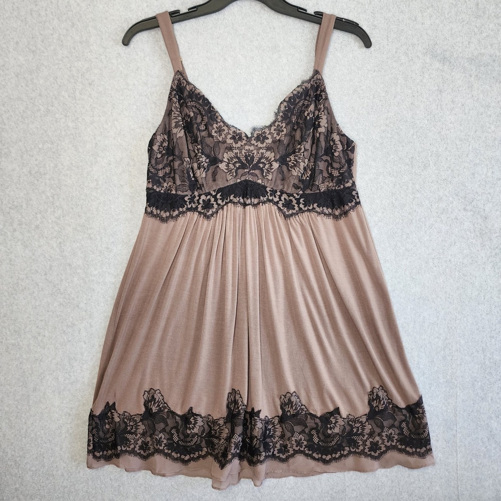Soma Chemise Women XL Taupe Black Lace Trim Empire Waist Sleepwear Nightgown